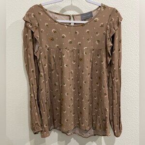Hudson Gray Floral Western Ruffle Top Boho Dainty Long Sleeve Blouse Neutral